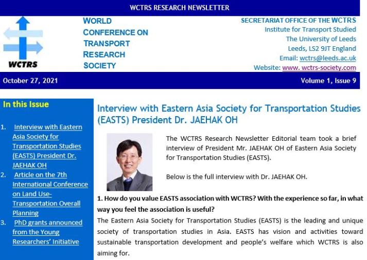 Interview with Eastern Asia Society for Transportation Studies (EASTS) President Dr. JAEHAK OH - WCTRS Research Newsletter, Volume 1, Issue 9, October 2021